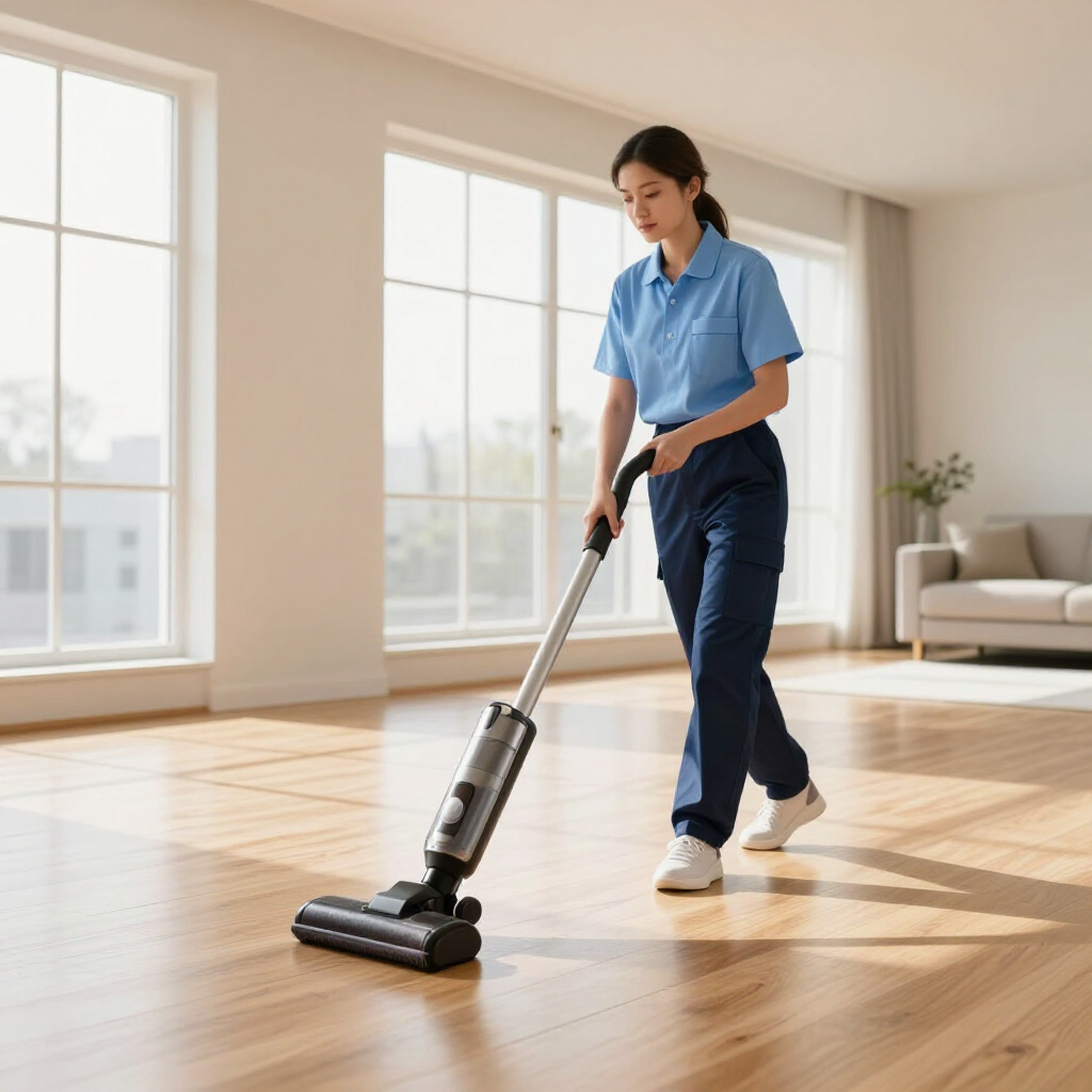 Woman vacuuming a sunlit hardwood floor in a bright empty room