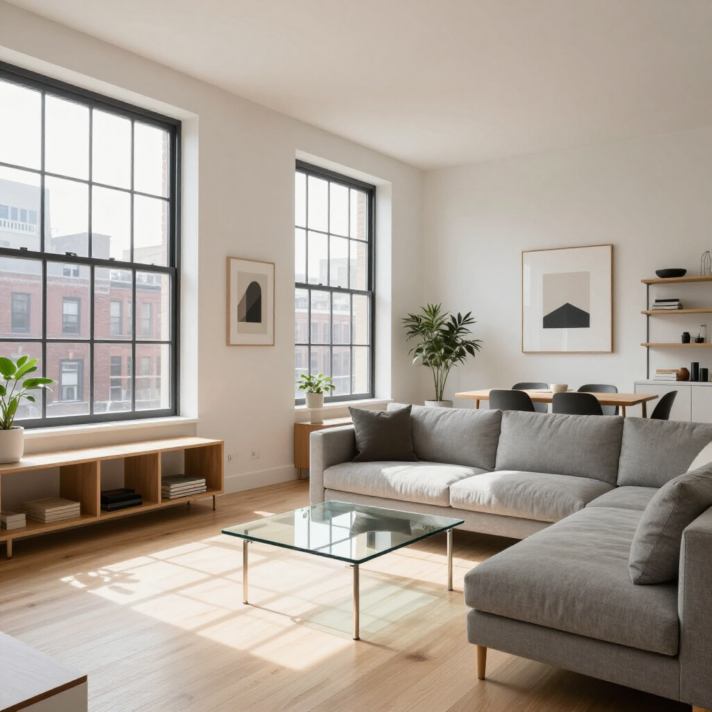Bright minimalist living room with gray sectional, glass coffee table, large windows, and sunlit wood floors