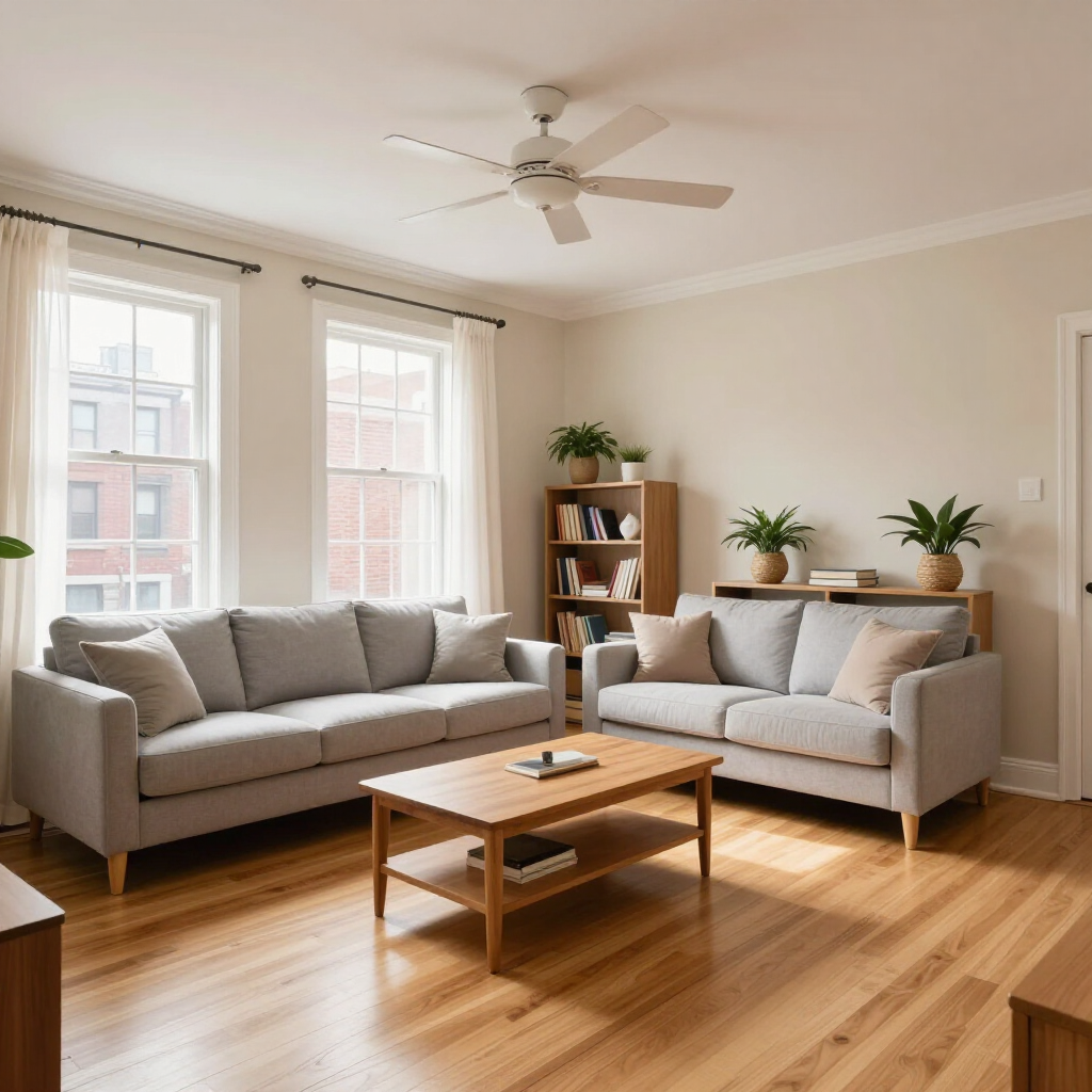 Bright living room with two gray sofas, wooden coffee table, large windows, and a ceiling fan on hardwood floors