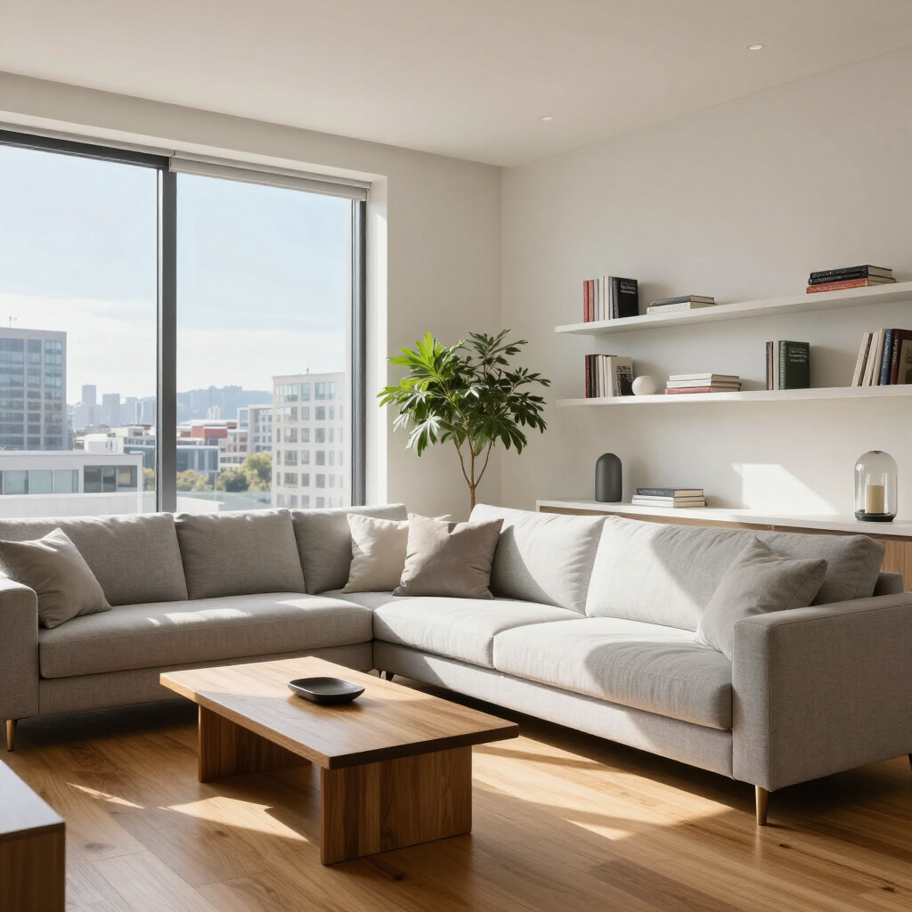 Bright living room with a gray sectional, wooden coffee table, wall shelves, a plant, and large city-view windows