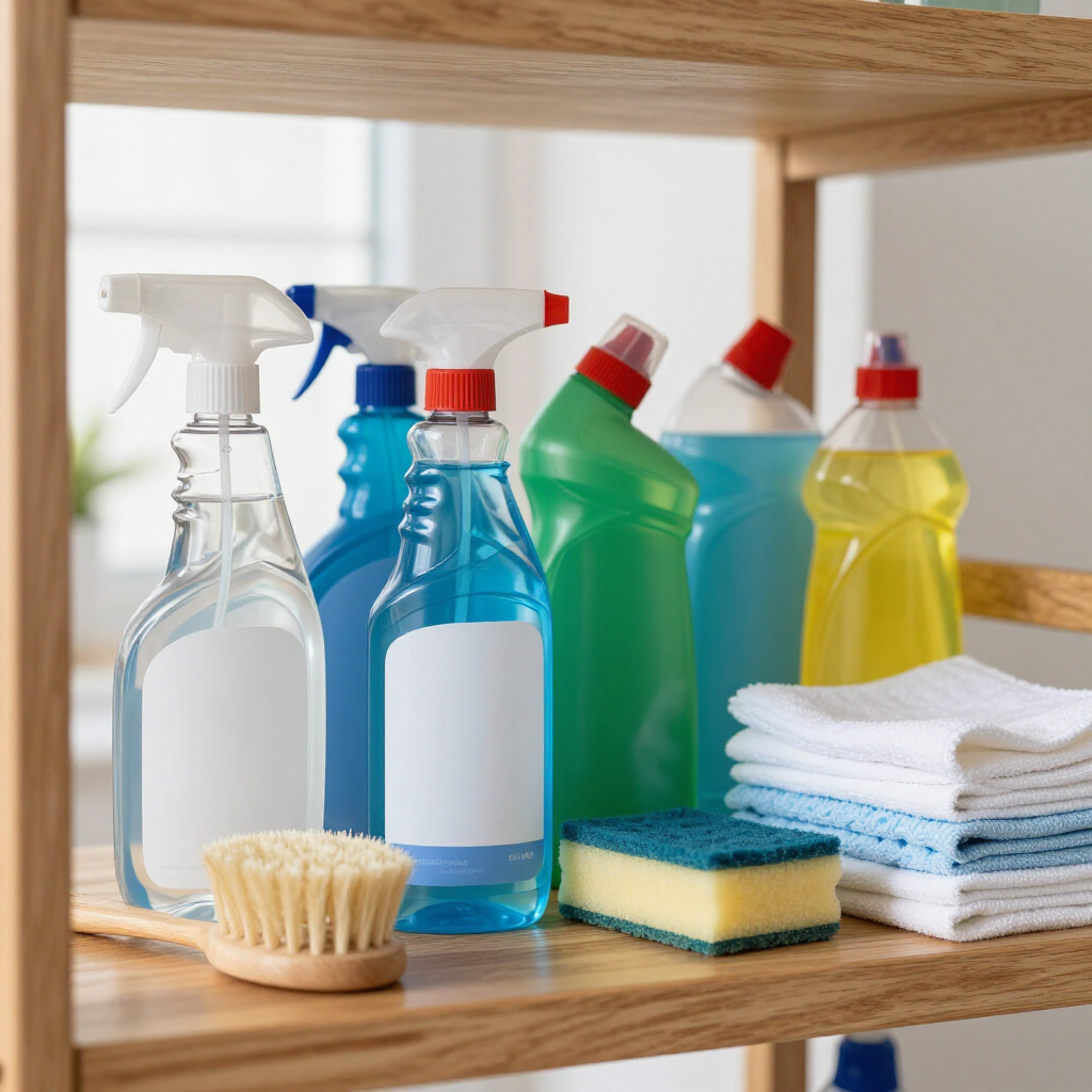 Cleaning supplies on a wooden shelf: spray bottles, liquids, brushes, sponges, and folded cloths.