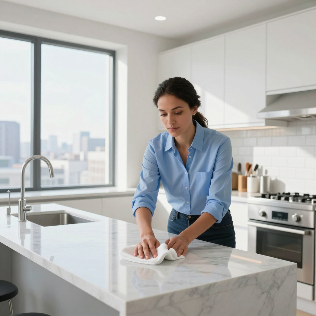 Person cleaning a white marble kitchen island in a bright modern kitchen.
