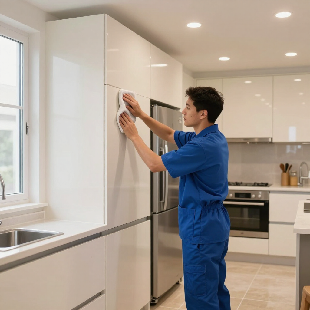 Man in blue coveralls adjusting a wall thermostat in a bright modern kitchen