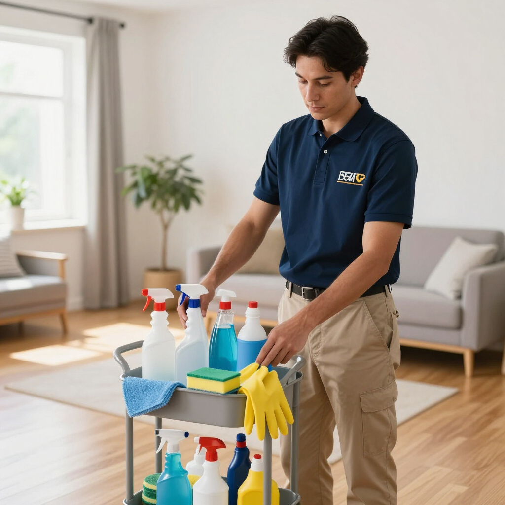 Cleaner wiping a cart with supplies in a bright living room