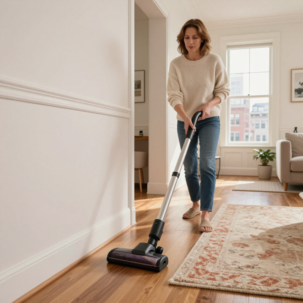 Woman vacuuming a bright living room with a black cordless vacuum and patterned rug