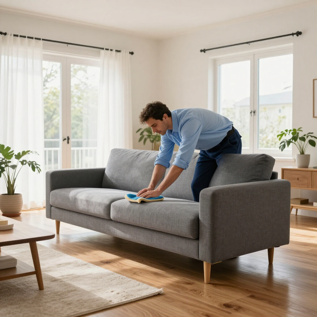 Person cleaning a gray sofa in a bright living room with a cloth and spray bottle