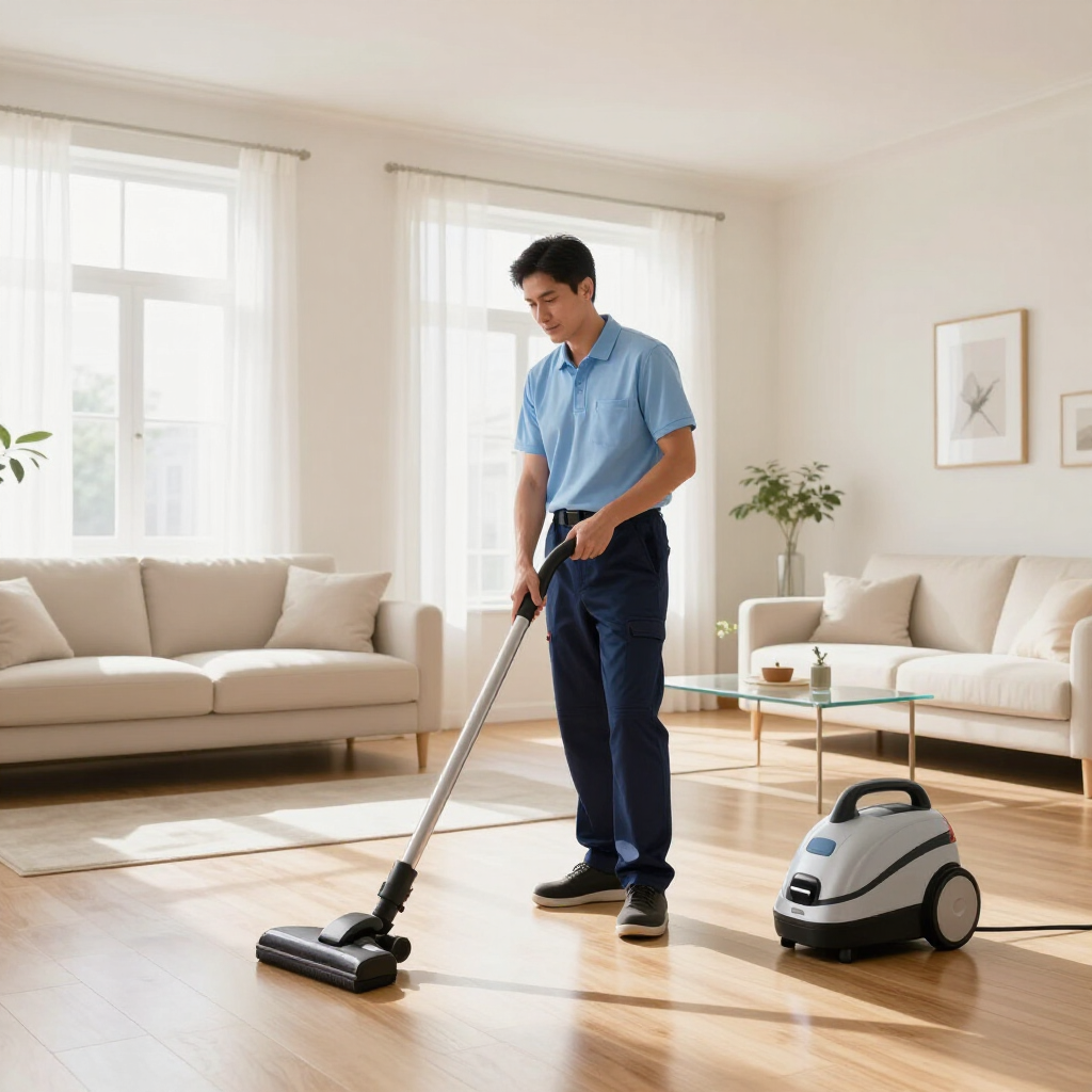 Man vacuuming a bright living room with a canister vacuum and hardwood floors