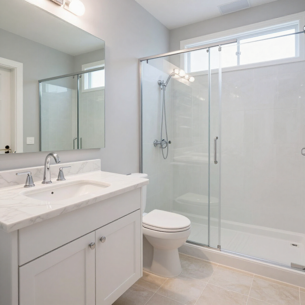 Bright modern bathroom with white vanity, mirror, toilet, and glass-enclosed shower.