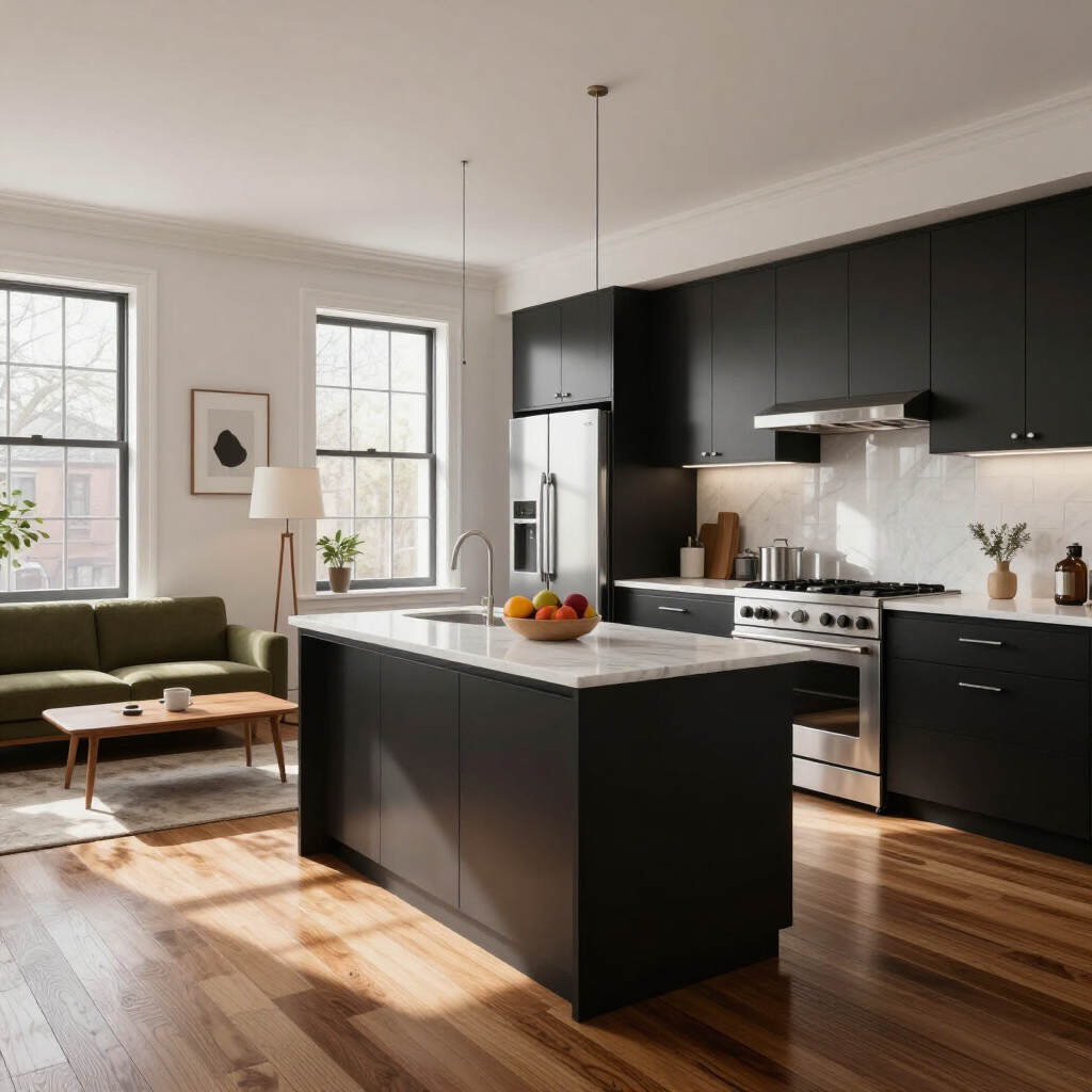 Modern kitchen with black cabinets, island, and sunlit hardwood floors adjoining a small living area