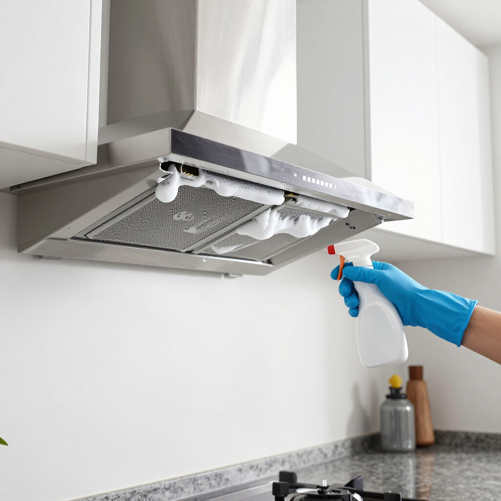 Blue-gloved hand spraying cleaner on a stainless steel kitchen range hood