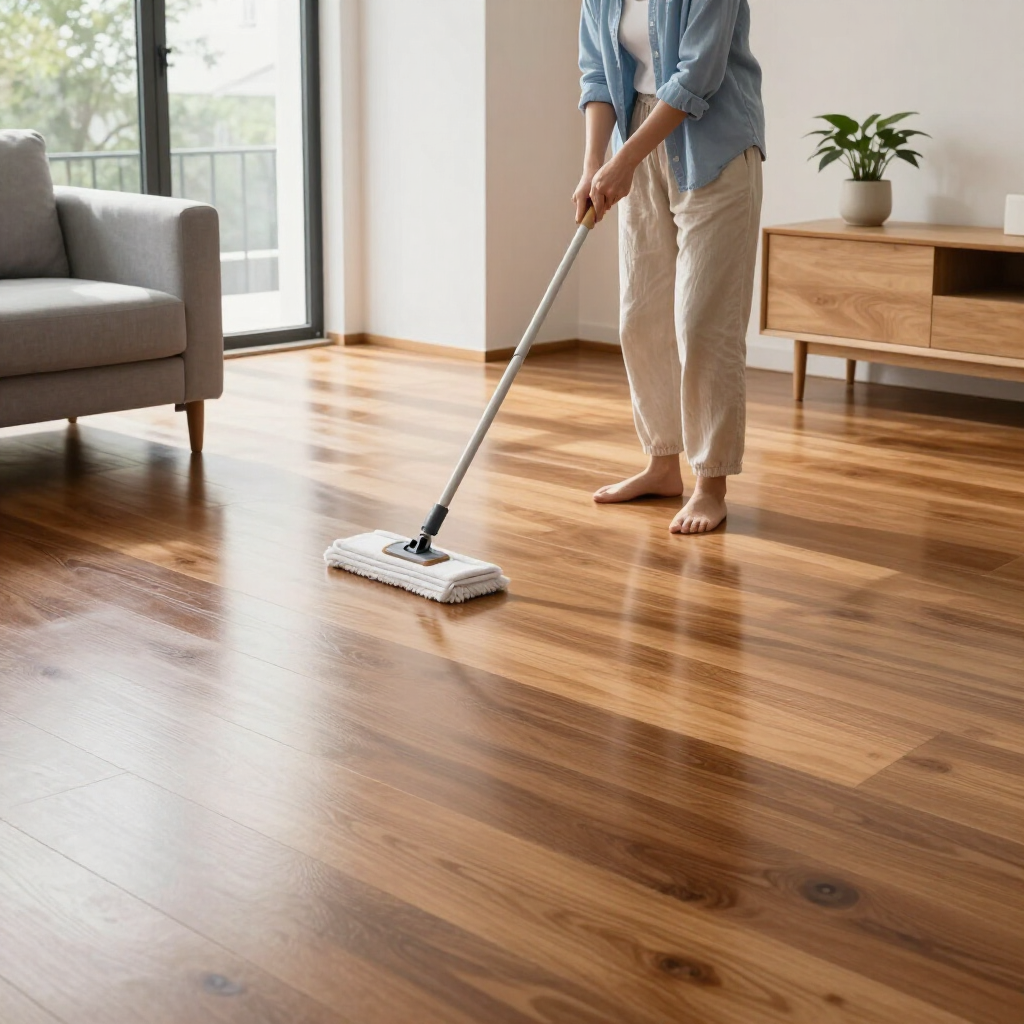 Person mopping a glossy wooden floor in a bright living room
