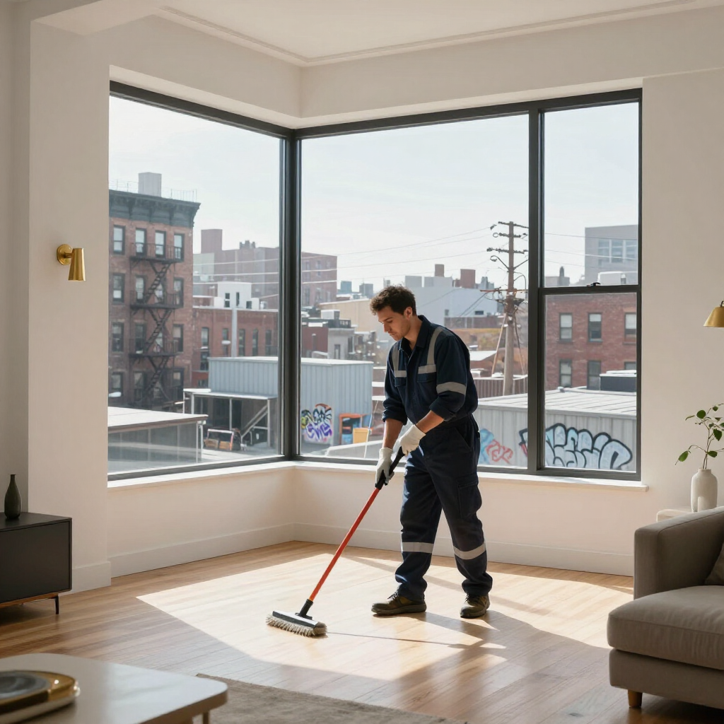 Person vacuuming a sunlit living room with large corner windows and city views.