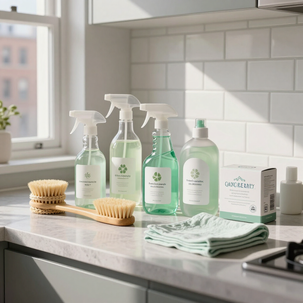 Eco-friendly cleaning products and brushes arranged on a kitchen countertop by a sunny window