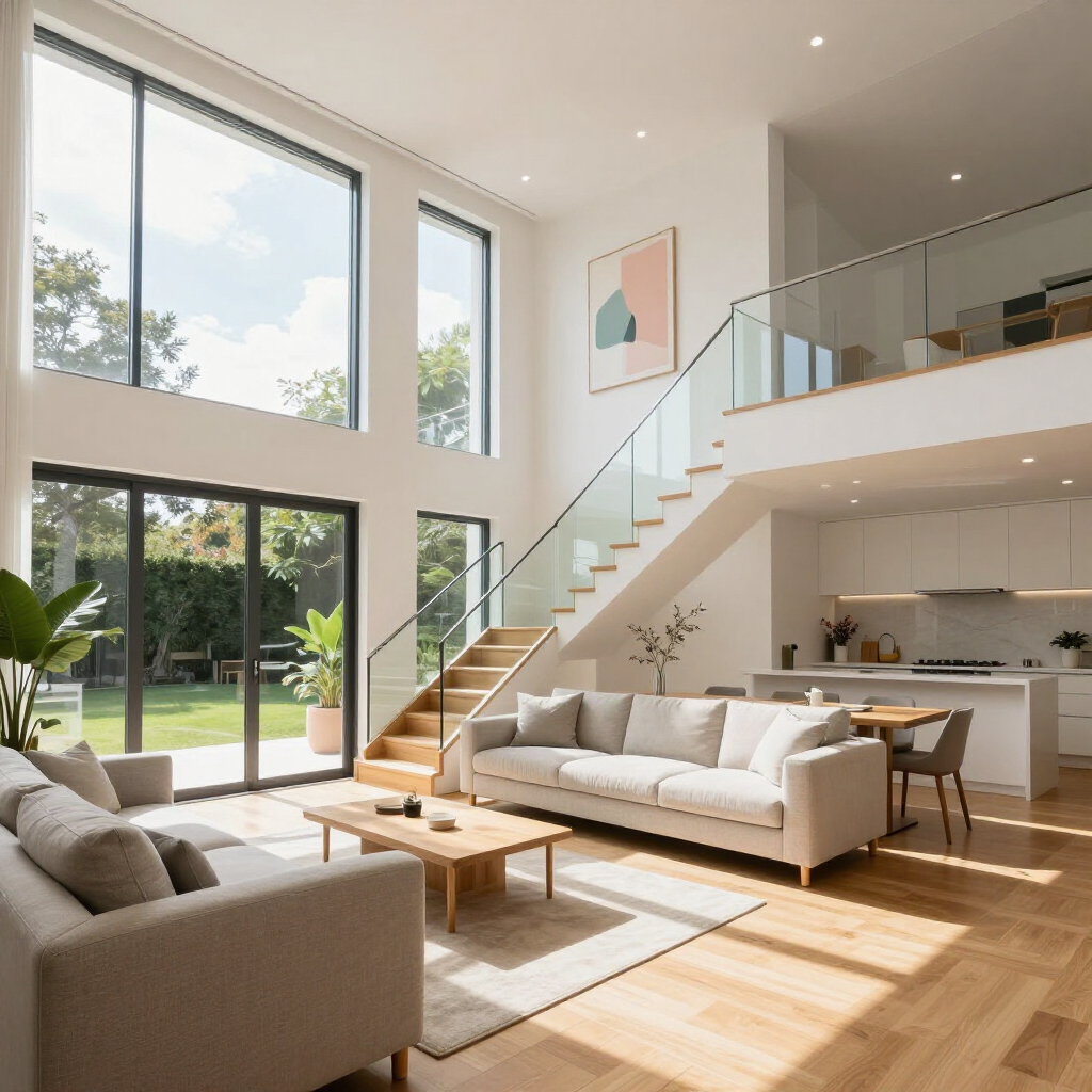 Bright modern living room with tall windows, staircase, white sofas, wood floors, and a kitchen nook