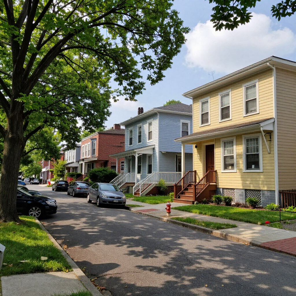 Quiet residential street with parked cars and colorful houses under leafy trees on a sunny day