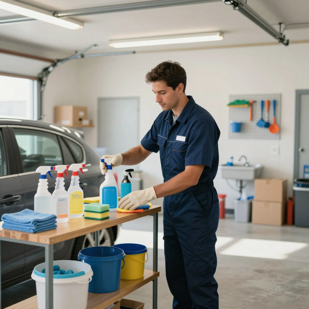 Mechanic cleaning a car with spray bottles and towels in a garage workshop