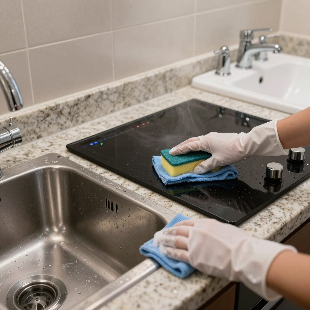 Gloved hands cleaning a kitchen stovetop beside a stainless steel sink and granite countertop