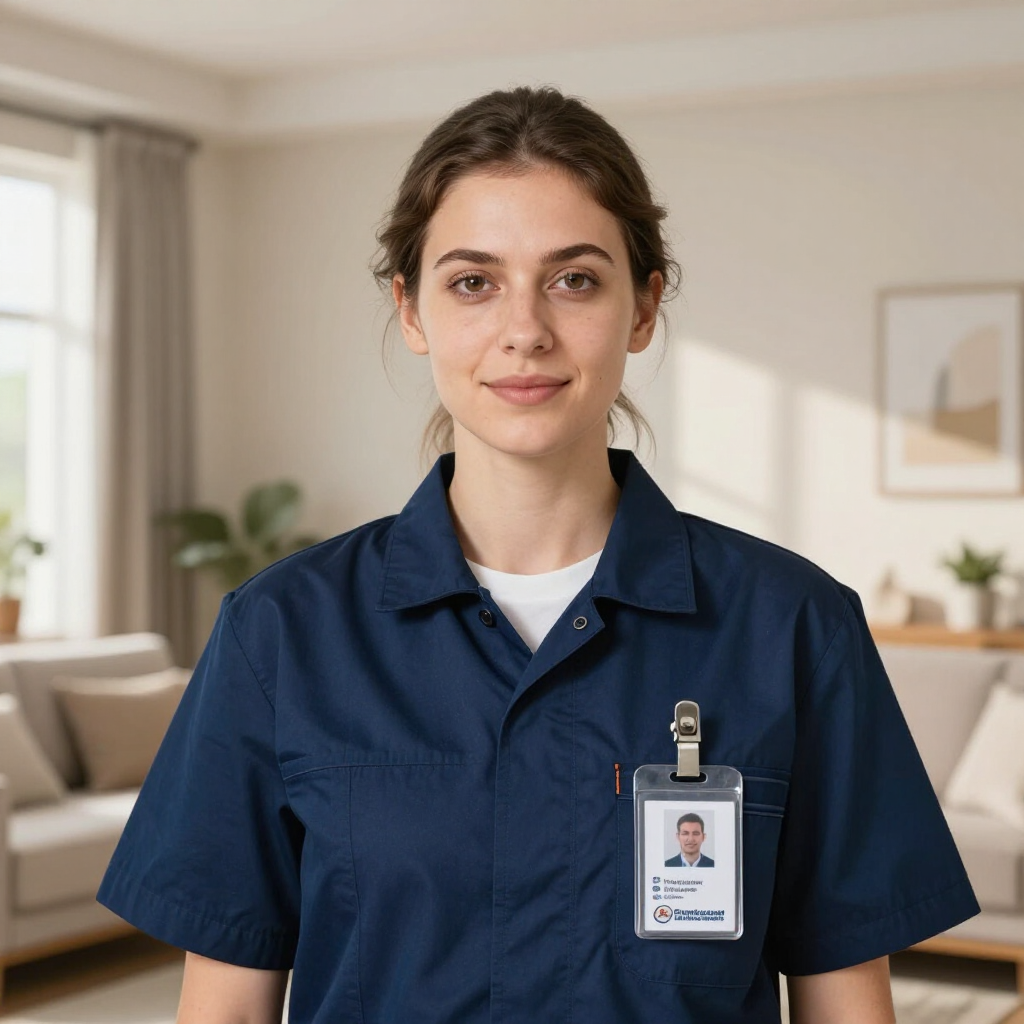 Nurse in navy scrubs with ID badge, standing in a bright hospital room and looking at the camera