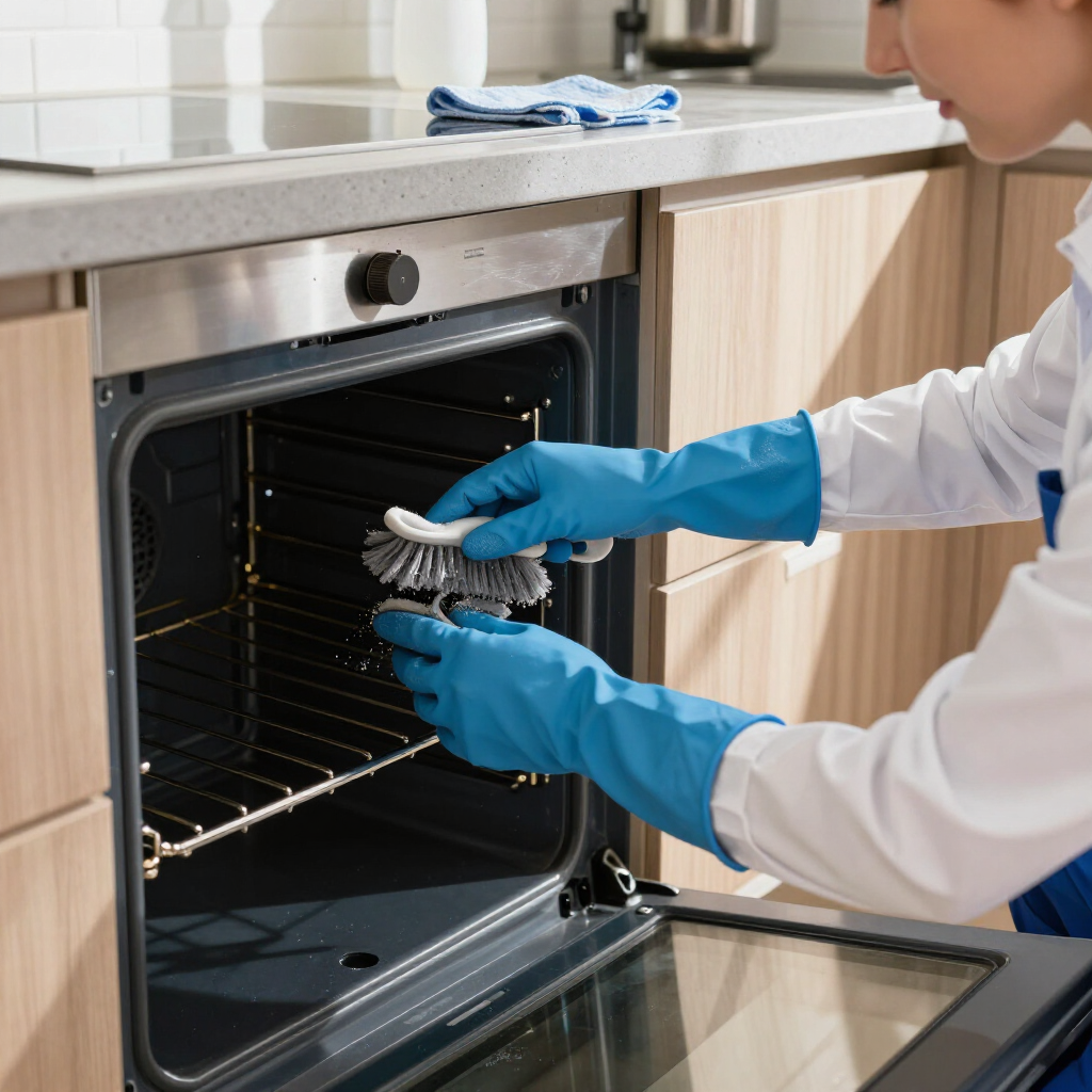 Person cleaning an oven with a brush and blue gloves in a bright kitchen