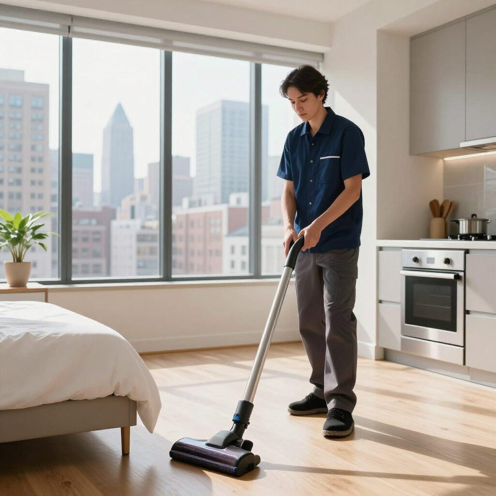 Person vacuuming a bright apartment with a cordless stick vacuum near a bed and kitchen.