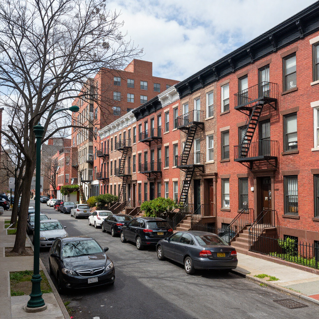 Tree-lined city street with brick apartment buildings, parked cars, and a cloudy sky