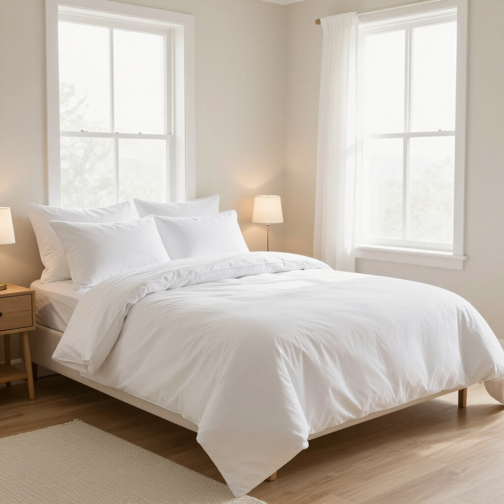 Bright white bedroom with a neatly made bed, two windows, and soft natural light
