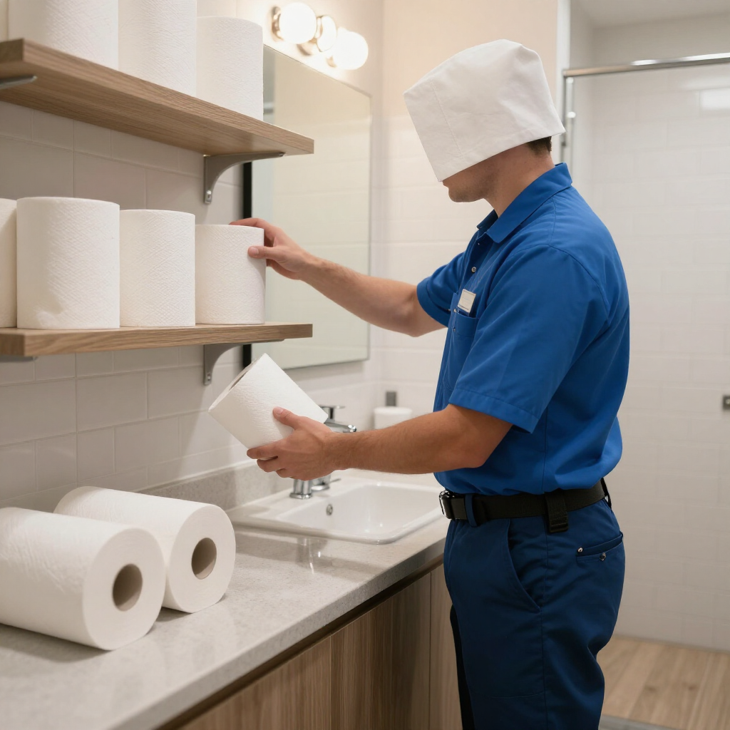 Janitor in blue uniform restocking paper towels in a tiled restroom sink area