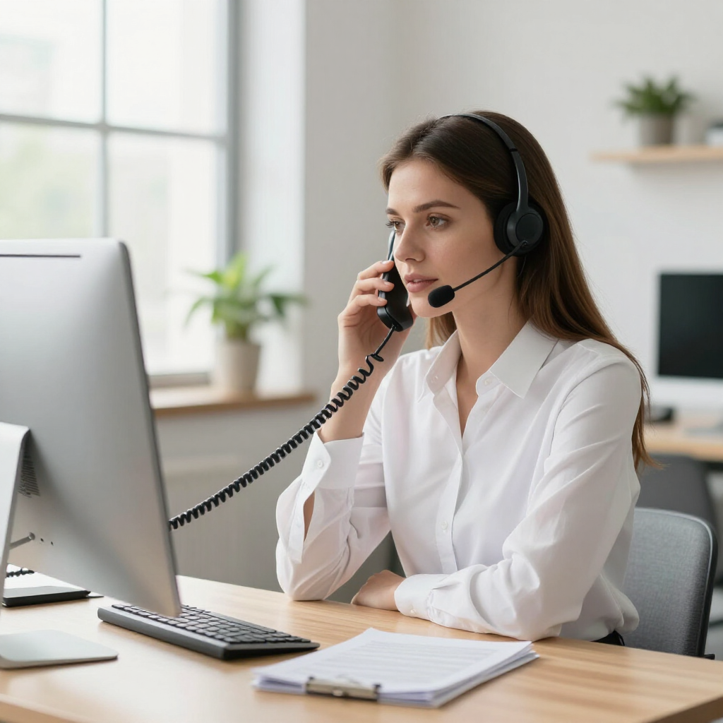 Woman wearing a headset speaking on the phone at a desk in a bright office