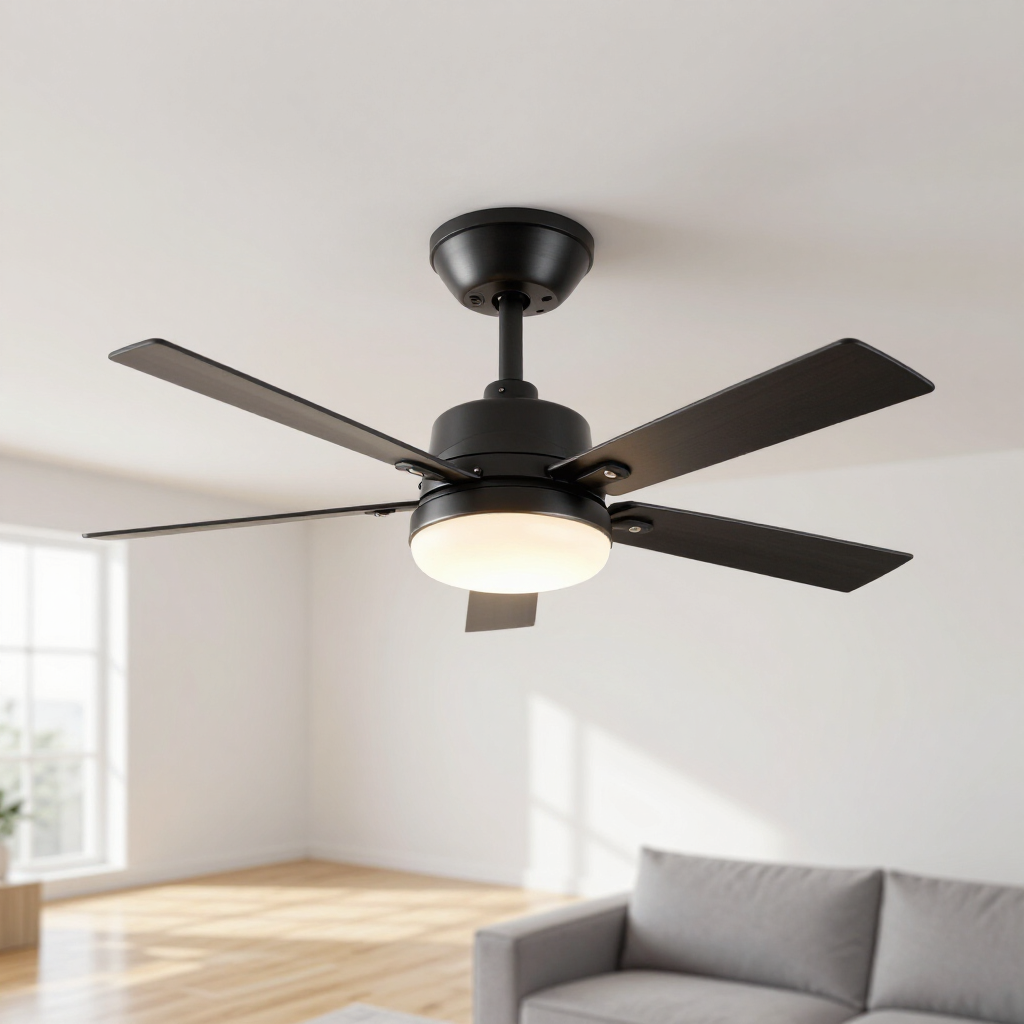 Black ceiling fan with light in a bright modern living room with a gray sofa and wood floor