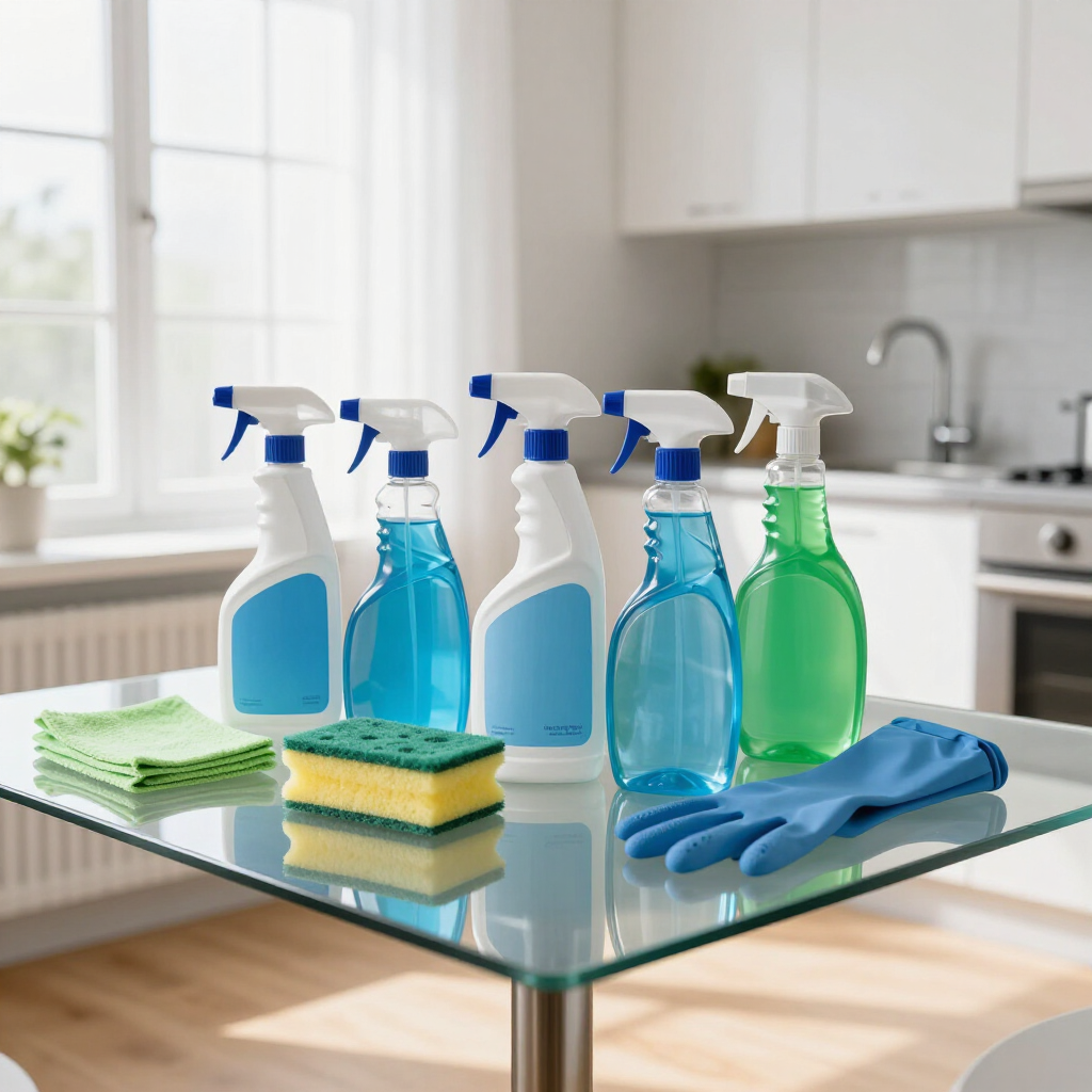 Cleaning supplies and gloves on a glass table in a bright kitchen.