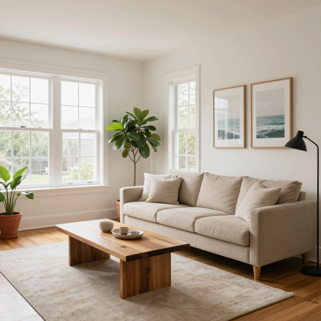 Bright living room with beige sofa, wooden coffee table, large windows, plants, and framed wall art.