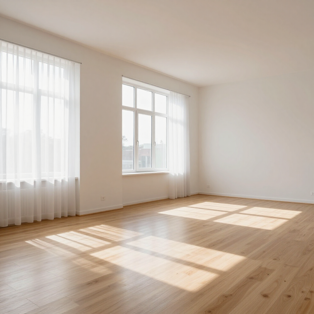 Bright empty room with light wood floors, white walls, and sunlight streaming through large windows