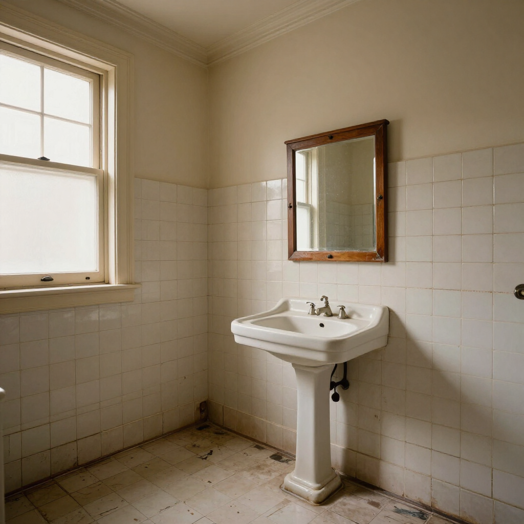 Small empty bathroom with white tiled walls, pedestal sink, mirror, and a window.
