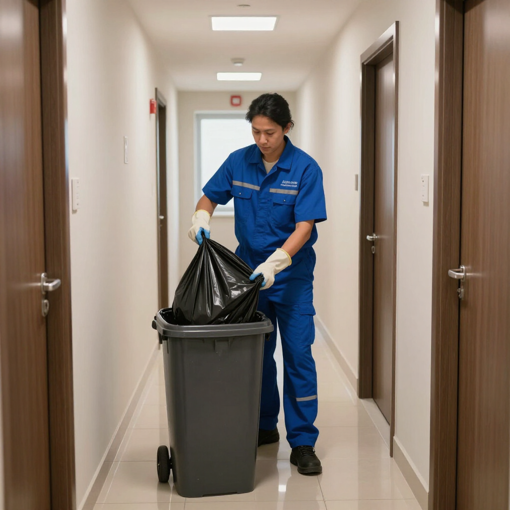 Janitor in blue uniform emptying a black trash bag into a gray hallway bin