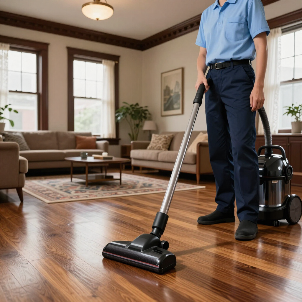 Person vacuuming a hardwood living room with a canister vacuum and floor brush.