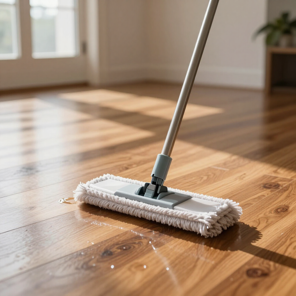 White mop cleaning a sunlit wooden floor indoors