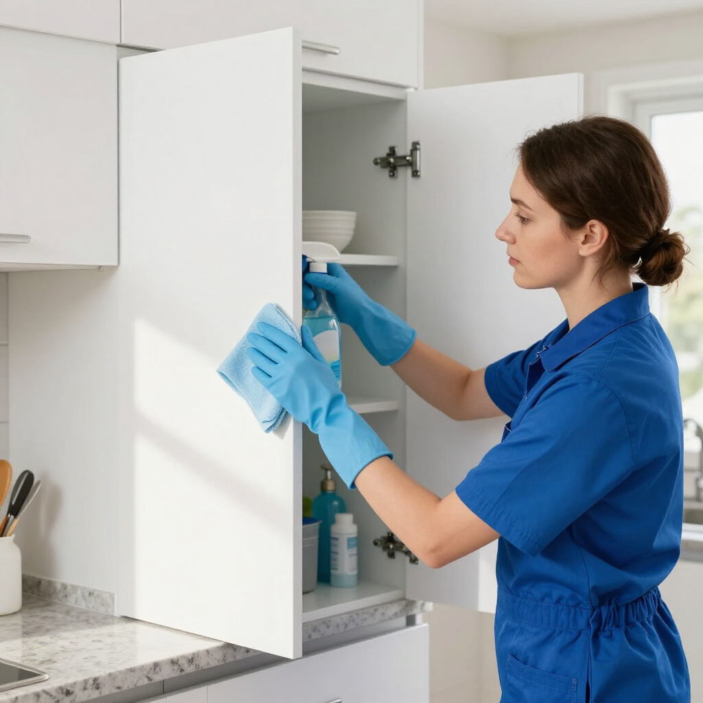 Cleaner in blue gloves wiping a white kitchen cabinet open over a countertop
