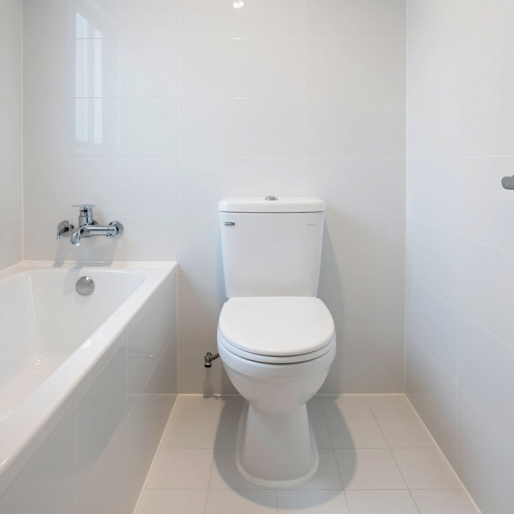 Clean white bathroom with toilet, bathtub, and tiled walls