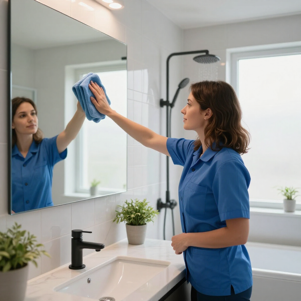 Person in blue cleaning a bathroom mirror with a blue cloth beside a sink and shower.