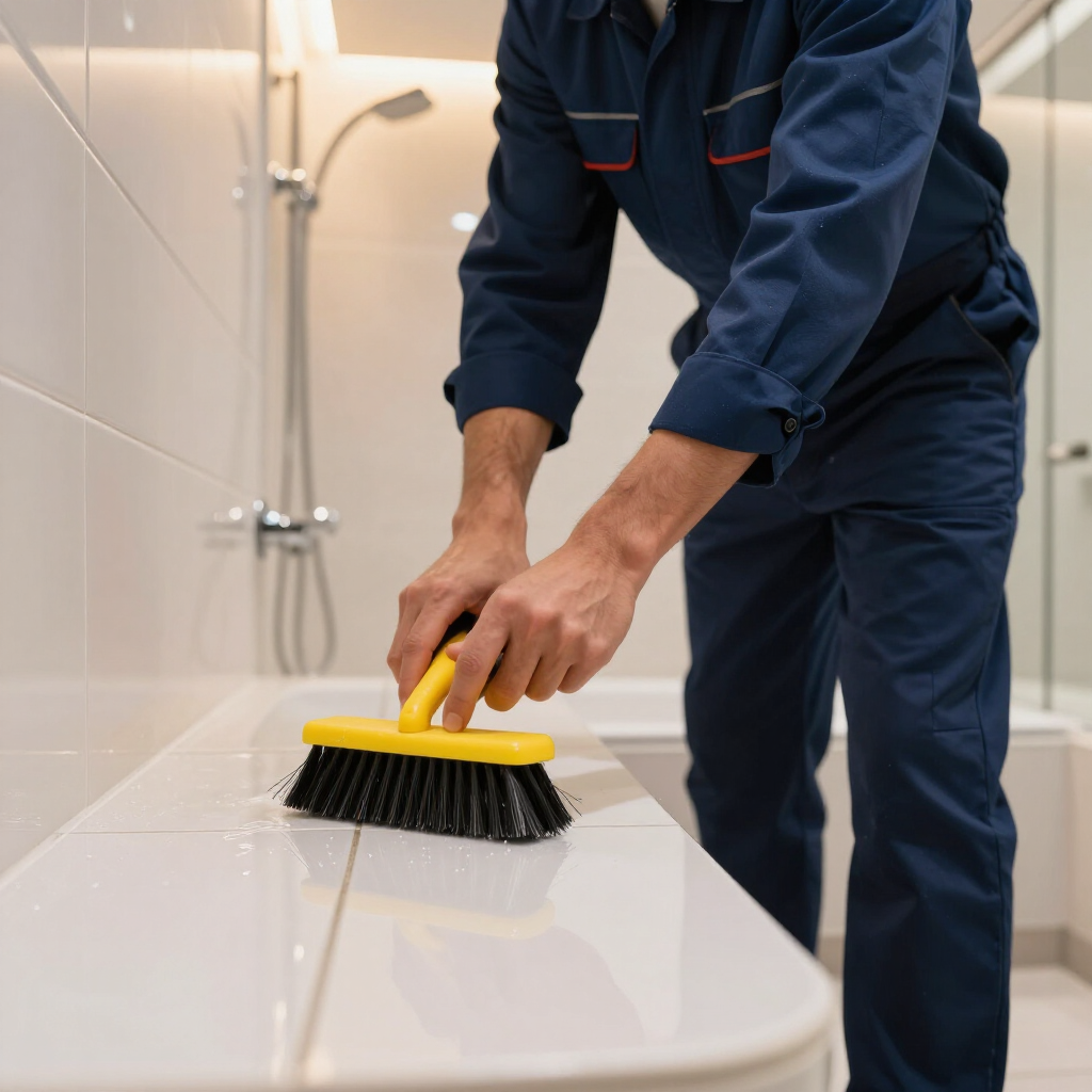 Person in blue work uniform scrubbing a white sink with a yellow brush in a tiled bathroom