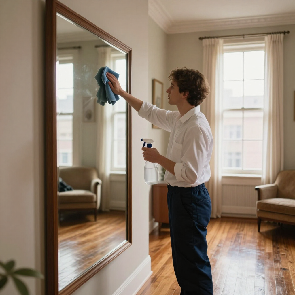 Person cleaning a large wall mirror with a cloth and spray bottle in a bright living room