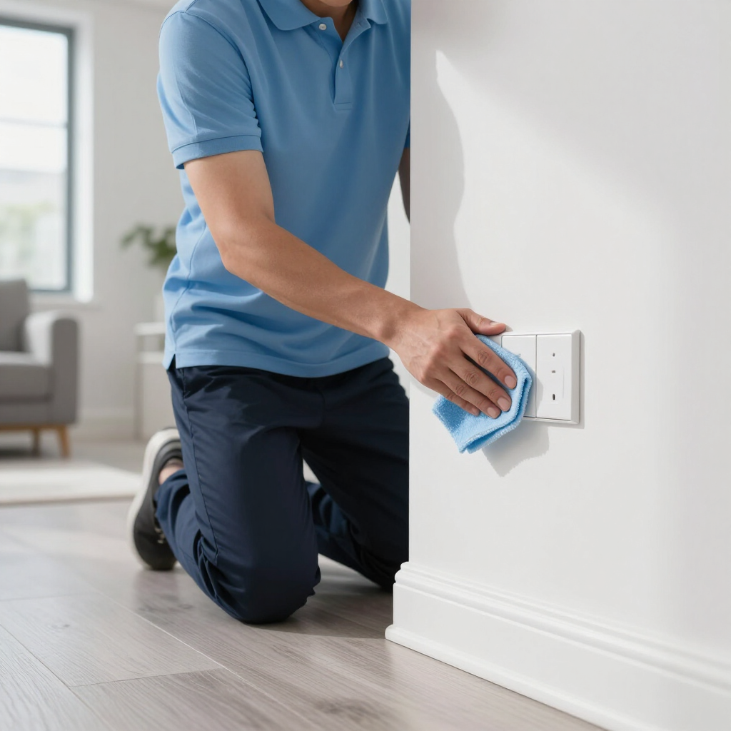 Person kneeling and wiping a white wall outlet area with a blue cloth in a bright room