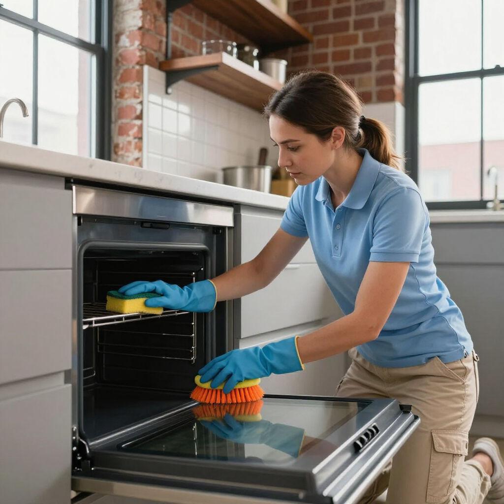 Person cleaning an open oven with blue gloves and orange sponge in a bright kitchen