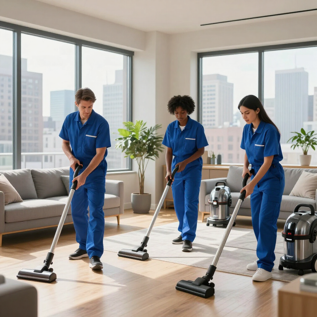 Three cleaning staff in blue uniforms vacuuming a bright office with large windows
