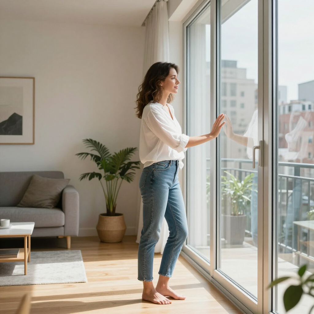Woman standing by a sliding glass door, looking out at a bright city view in a modern living room.