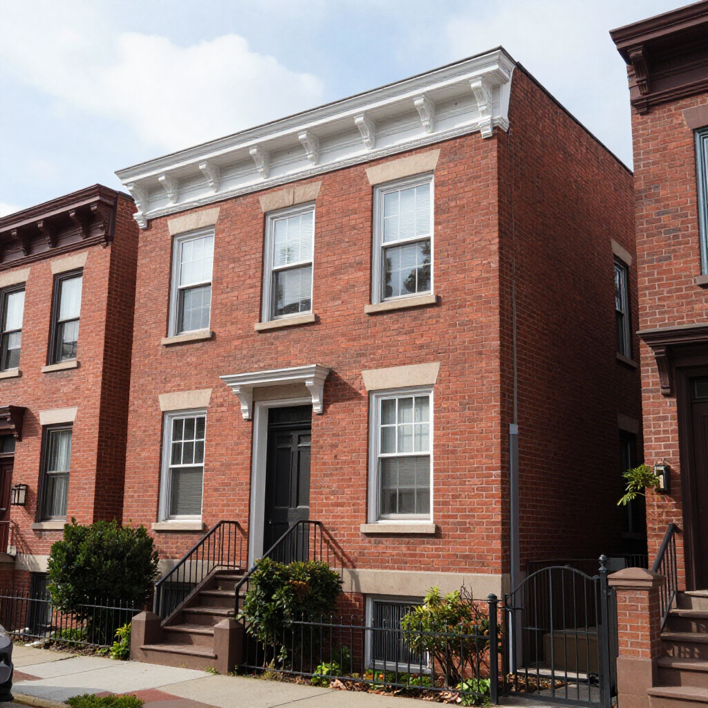 Red brick townhouse with white trim, front steps, and a small stoop on a city street