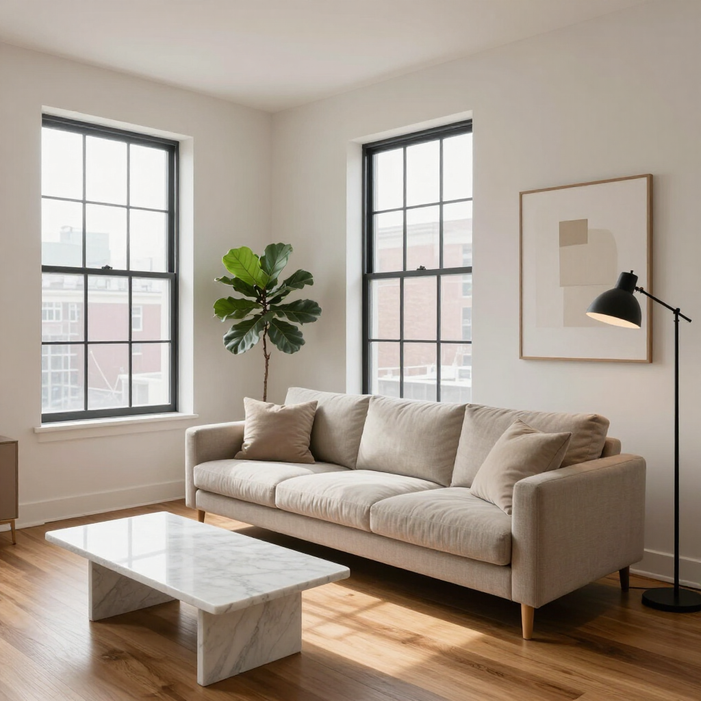 Bright modern living room with beige sofa, glass coffee table, floor lamp, plant, and two large windows