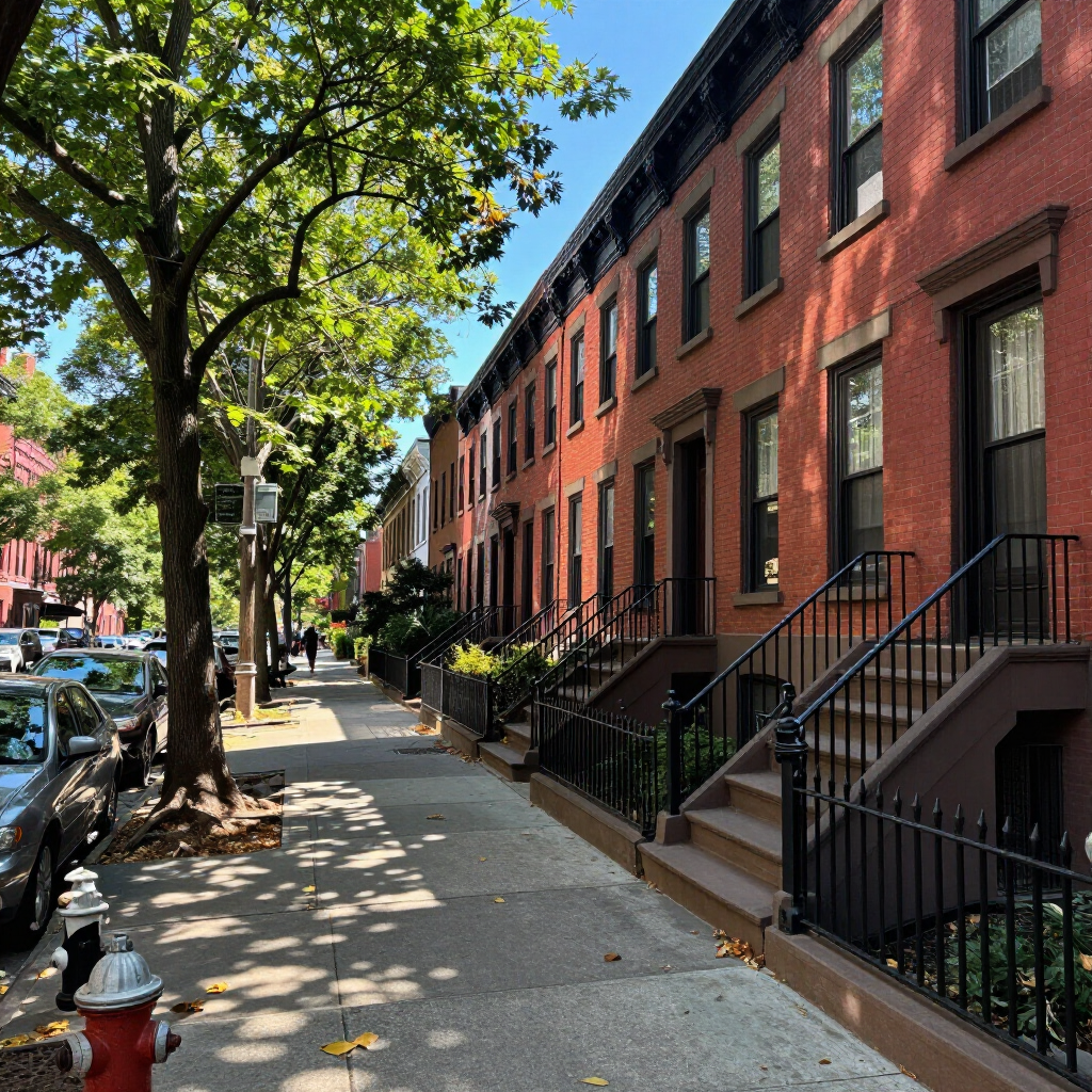 Sunlit city sidewalk beside red brick row houses and parked cars, with a fire hydrant and tree shadows