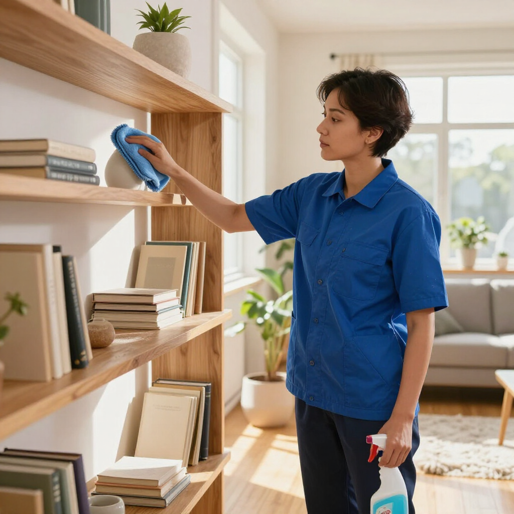 Person dusting wooden bookshelves in a bright living room