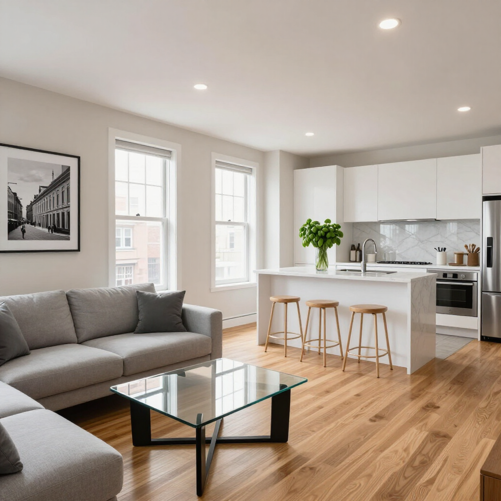 Bright modern living room with gray sofa, glass coffee table, and white kitchen with bar stools